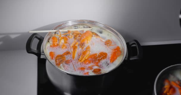 Canlı Kerevitler Yemek Pişirmek Için Kaynar Suya Atılır Canlı Kerevit — Stok video