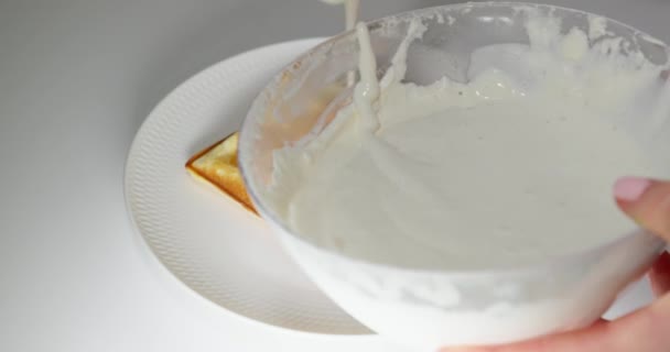 Sprinkling Rectangular Wafers Air Cream Preparing Dessert Making Sweets Soft — Stock videók