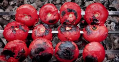 Şişte ızgara sebze. Geleneksel Kafkas usulü ızgara sebze yemeği. Biber, domates ve kömürde kızartılmış patlıcan..