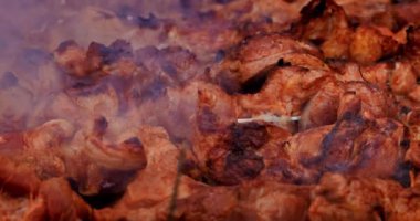 Şişte domuz kebabı ızgarada kömürde kızartılır. Yakın plan. Yukarıdan bak. Barbekü pişirme. Kırsalda piknik. Barbekü sezonu.