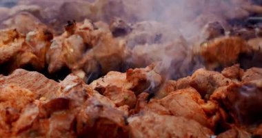 Şişte domuz kebabı ızgarada kömürde kızartılır. Yakın plan. Yukarıdan bak. Barbekü pişirme. Kırsalda piknik. Barbekü sezonu.