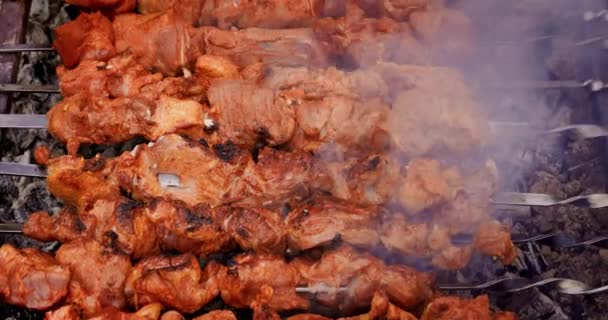Prato Carne Porco Espetos Frita Brasas Grelha Close Vista Cima — Vídeo de Stock