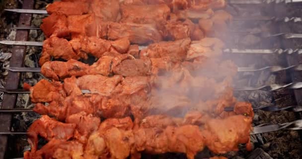 Kebab Porc Sur Les Brochettes Est Frit Sur Les Charbons — Video