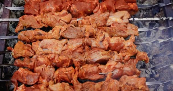 Kebab Porc Sur Les Brochettes Est Frit Sur Les Charbons — Video