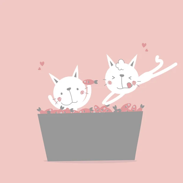 귀엽고 스러운 손으로 고양이와 물고기 발렌타인 사랑의 일러스트 캐릭터 디자인 — 스톡 벡터