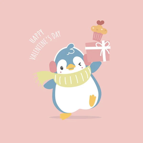 Cute Penguin Holding Gift Cupcake Heart Happy Valentine Day Love — 스톡 벡터