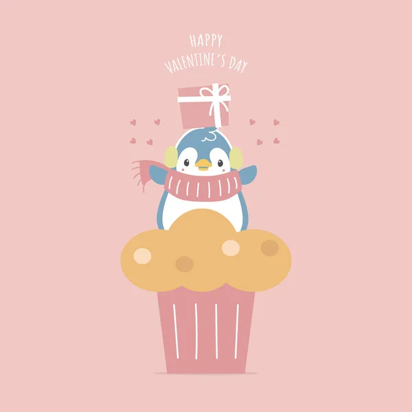 Cute Penguin Holding Gift Cupcake Heart Happy Valentine Day Love —  Vetores de Stock
