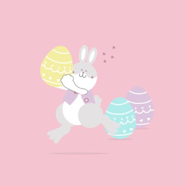 Hayvan tavşanlı tavşan ve yumurtalı, pastel renkli, düz vektör resimli çizgi film karakterli mutlu Paskalya festivali.