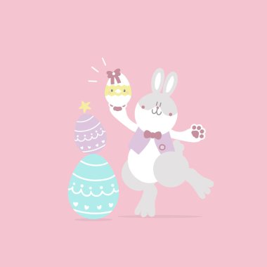 Hayvan tavşanlı tavşan ve yumurtalı, pastel renkli, düz vektör resimli çizgi film karakterli mutlu Paskalya festivali.