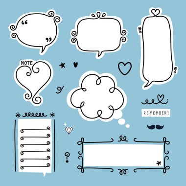 Boş siyah ve beyaz konuşma balonu seti, çerçeve kenarı simge, pankart, düz vektör illüstrasyon tasarımı içeren konuşma metni kutusu