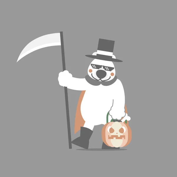 Feliz Halloween Con Oso Polar Guadaña Calabaza Vector Plano Ilustración — Vector de stock