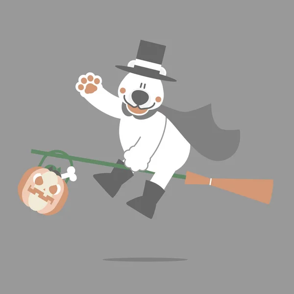 Happy Halloween Polar Bear Broom Pumpkin Flat Vector Illustration Cartoon — Stock Vector