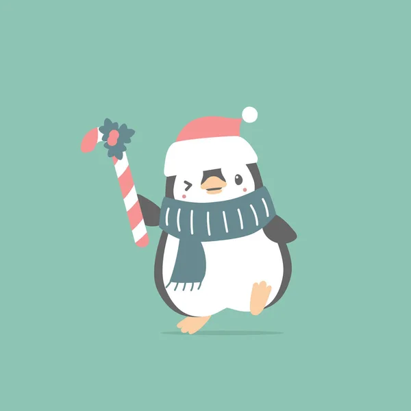 Весёлого Рождества Счастливого Нового Года Пингвином Конфеткой Зелёном Фоне Зимнего — стоковый вектор