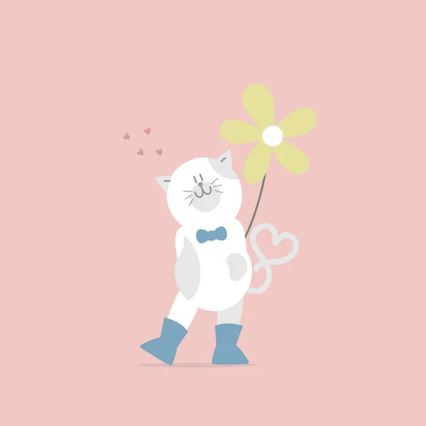 かわいい猫と花 幸せなバレンタインデー 誕生日 愛のコンセプト フラットベクトルイラスト漫画キャラクターデザイン孤立 — ストックベクタ