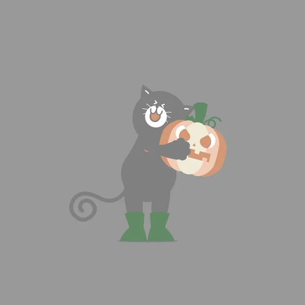 Веселый Праздник Хэллоуин Милой Черной Кошкой Маленьким Ребенком Плоская Векторная — стоковый вектор