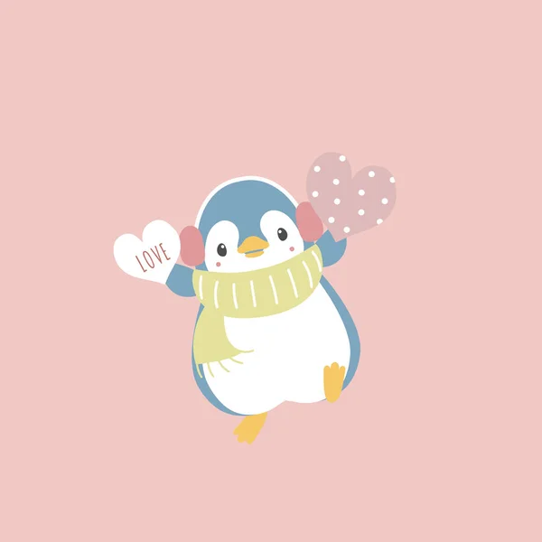 Niedlicher Und Reizender Pinguin Mit Herz Glücklicher Valentinstag Liebeskonzept Flache — Stockvektor