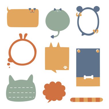 Elle çizilmiş konuşma balonu koleksiyonu, düşün, konuş, hayvan evcil hayvanı, kedi, tavşan, köpek, ayı, düz tasarım vektör ilüstrasyonlu mesaj kutusu afişi