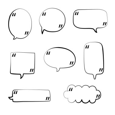 Tırnak işaretli siyah ve beyaz konuşma balonu, simge etiketi anahtar sözcük planlayıcısı metin kutusu afişi, düz vektör illüstrasyon tasarımı izole edilmiş