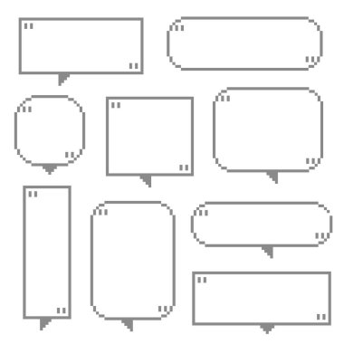 Retro oyun koleksiyonu 8bit piksel konuşma balonu siyah beyaz renk tırnak işaretleri, düz tasarım vektör çizimi