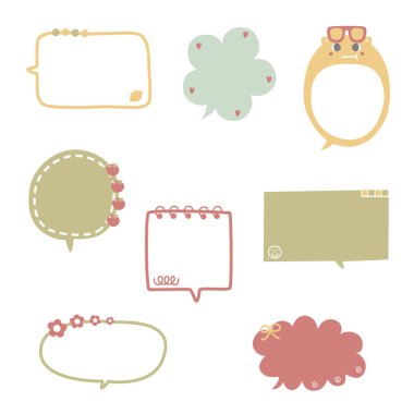 Bir dizi şirin karalama metin kutusu planlayıcısı, konuşma balonu, düz tasarım vektör çizimi