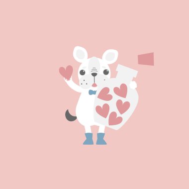 Sevimli ve sevimli köpek kalp şişesi tutuyor, Sevgililer günün kutlu olsun, doğum günün, aşk konseptin, düz vektör illüstrasyon karakter kostüm tasarımın