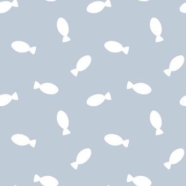 Mavi arka planda kusursuz, minimal balık tekrarlama deseni, düz vektör çizim grafik tasarımı