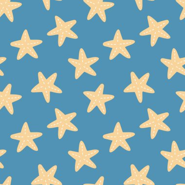 Mavi arka planda kusursuz minimal deniz yıldızı tekrarlama deseni, düz vektör çizim grafik tasarımı