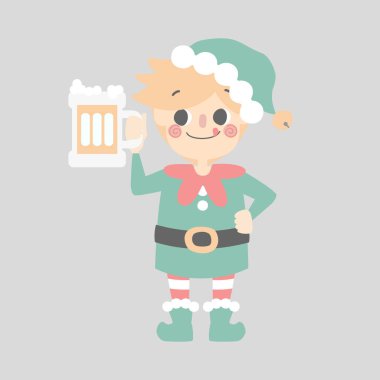 Mutlu noeller ve mutlu yeni yıllar. Küçük şirin cüce elinde bir bardak bira, düz vektör illüstrasyon çizgi film karakter tasarımı.