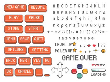 Retro 8bit piksel sanat ui oyun düğmesi simgesi koleksiyonu, düz tasarım vektör çizimi
