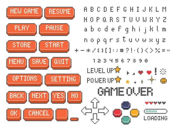 Retro 8bit piksel sanat ui oyun düğmesi simgesi koleksiyonu, düz tasarım vektör çizimi