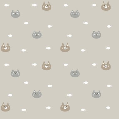 Pürüzsüz, sevimli hayvan kedisi ve balık kahverengi arka planda tekrarlanan desen, düz vektör çizim grafik tasarımı