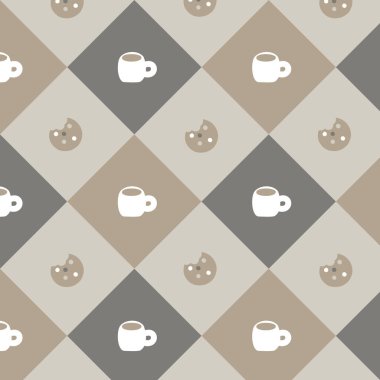 Kahverengi arka planda kusursuz minimum kahve ve kurabiye tekrarlama deseni, düz vektör çizim grafik tasarımı