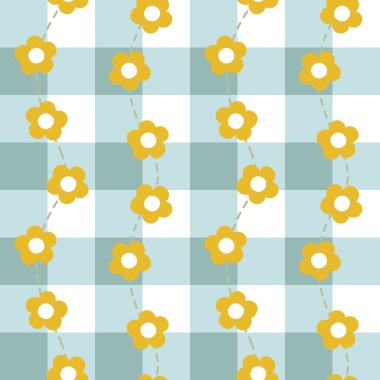 Mavi ekoseli arka planda kusursuz, minimal çiçek yineleme şablonu, düz vektör çizim grafik tasarımı