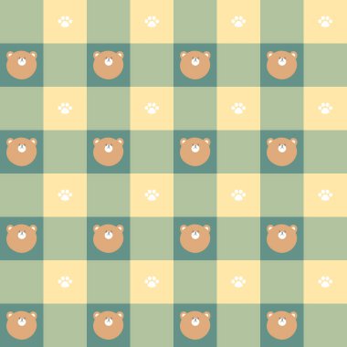 Yeşil ve sarı renkli ekoseli arka planda kusursuz minimal ayı yineleme deseni, düz vektör çizim grafik tasarımı
