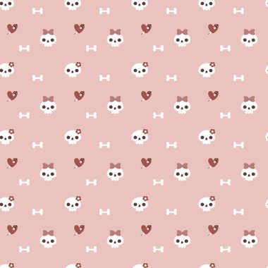 Pembe arka planda kusursuz asgari kafatası ve kemik cadılar bayramı tekrarı deseni, düz vektör çizim grafik tasarımı