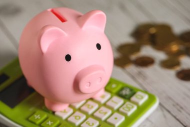 Brezilya sikkeleri, domuz kumbarası ve hesap makinesi yakın plandaki ahşap bir masada.