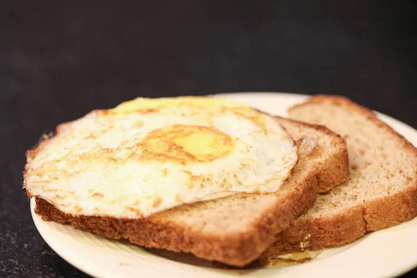 Close View Toasts Butter Fried Eggs Table — Stock Photo, Image