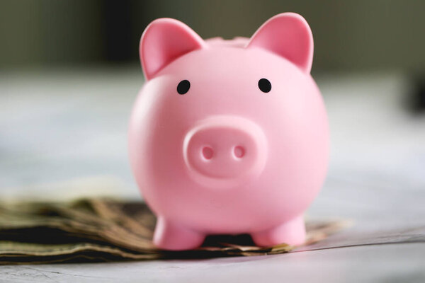 Close up of money background with dollar banknotes and piggy bank. Economy and finance concept. 