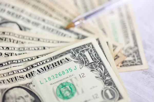 stock image Close up of money background with dollar banknotes. Economy and finance concept.