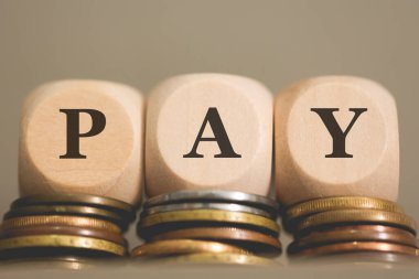 Tahta küplere Kelime Ödeme ve gri arka planda bozuk paralar. Stüdyo fotoğrafı.  