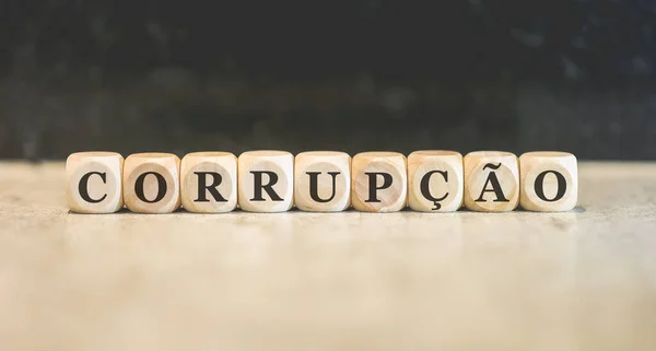 Ordet Coruption Brasiliansk Portugisiska Skrivet Träkuber Svart Bakgrund — Stockfoto