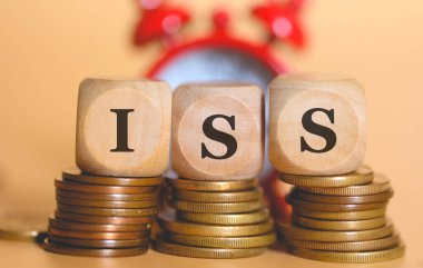 Ahşap küplere ve bozuk para yığınlarına yazılan ISS kısaltması. Stüdyo fotoğrafı.