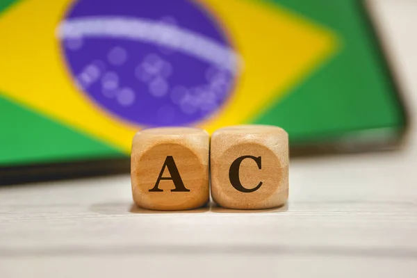Acronym Written Wooden Cubes Cell Phone Brazilian Flag Screen Composition — Stock Photo, Image