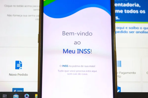 Brasilia, Federal Bölge, Brezilya - Nisan 2023. Ekranında INSS logosu olan cep telefonu. Brezilya Portekizcesinde Ulusal Sosyal Güvenlik Enstitüsü. 