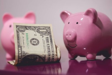 İki domuz kumbarası ve Amerikan dolarlarının yakın plan görüntüsü. Finans kavramı.