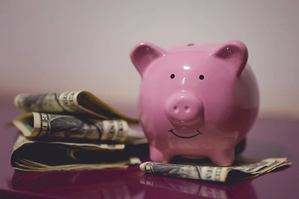 一个小猪银行和美元钞票在紫色的木制家具上 财务概念 — 图库照片
