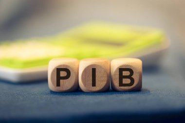 Brezilya Portekizcesinde tahtadan küplere yazılmış gayri safi yurtiçi hasılanın kısaltması PIB. Kompozisyonda bir hesap makinesi. 