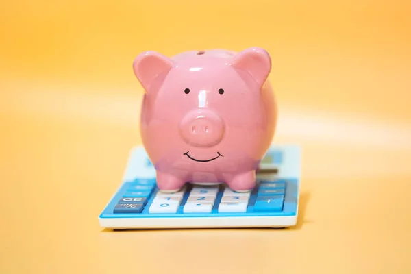 小猪银行和计算器的特写 金融和经济概念 — 图库照片