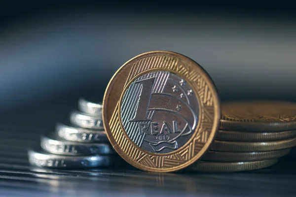 stock image Brazilian coins on dark background, close-up