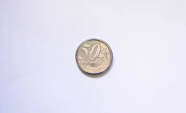 Бразильская Монета Сером Фоне Крупным Планом — стоковое фото